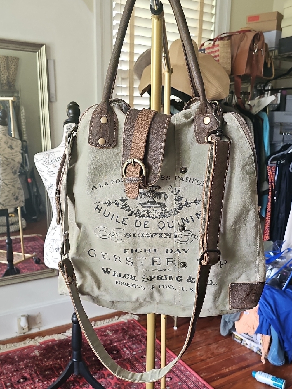 Myra Bags Canvas and Brown Leather Travel Tote Bag - Vintage Print